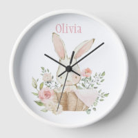 Pink Blush Bunny Rabbit Name Nursery Clock