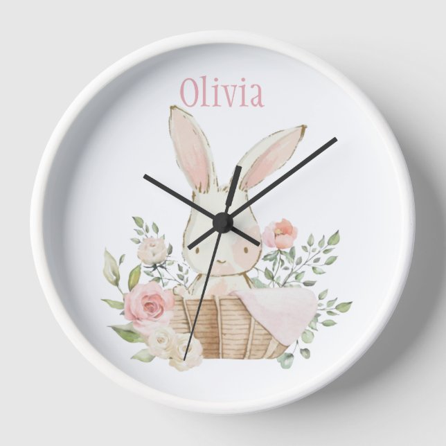 Pink Blush Bunny Rabbit Name Nursery Clock (Front)