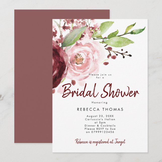 pink blush burgundy bridal shower invitation (Front/Back)