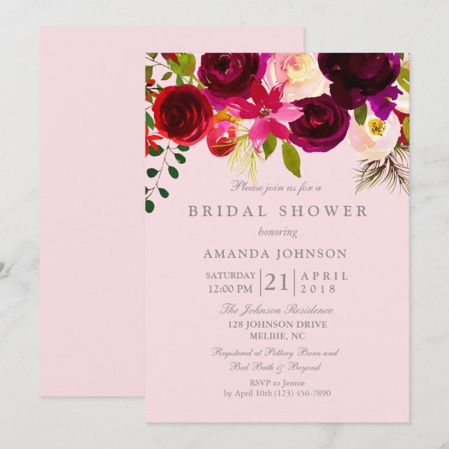 Pink Blush & Burgundy Floral Bridal Shower Invitation (Front/Back)