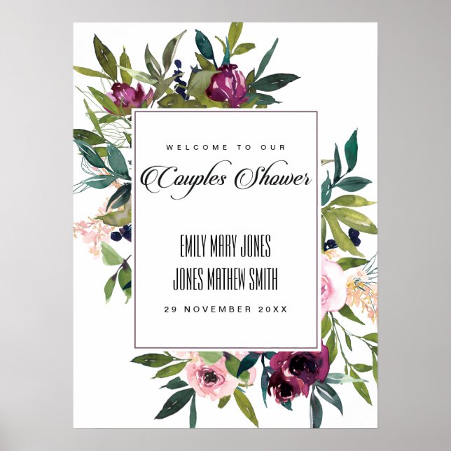 PINK BLUSH BURGUNDY FLORAL COUPLES SHOWER WELCOME POSTER (Front)
