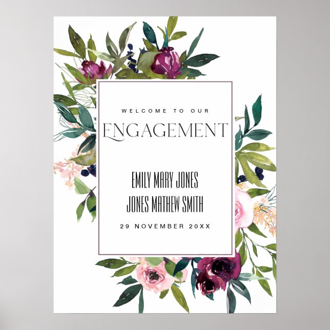 PINK BLUSH BURGUNDY FLORAL ENGAGEMENT WELCOME POSTER (Front)