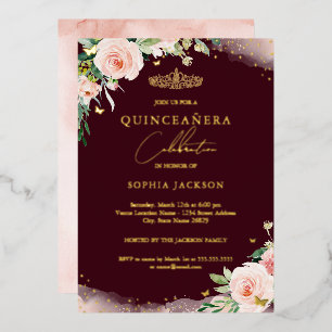 Pink Blush Burgundy Floral Quinceanera Birthday 