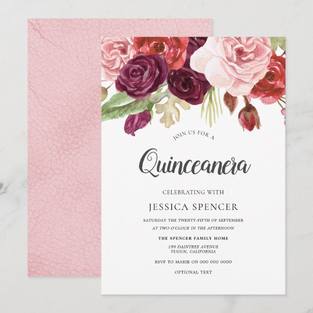 Pink Blush & Burgundy Flowers Quinceanera Invite (Front/Back)