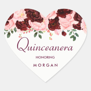 Pink Blush Burgundy Rose Quinceanera Party Heart Sticker