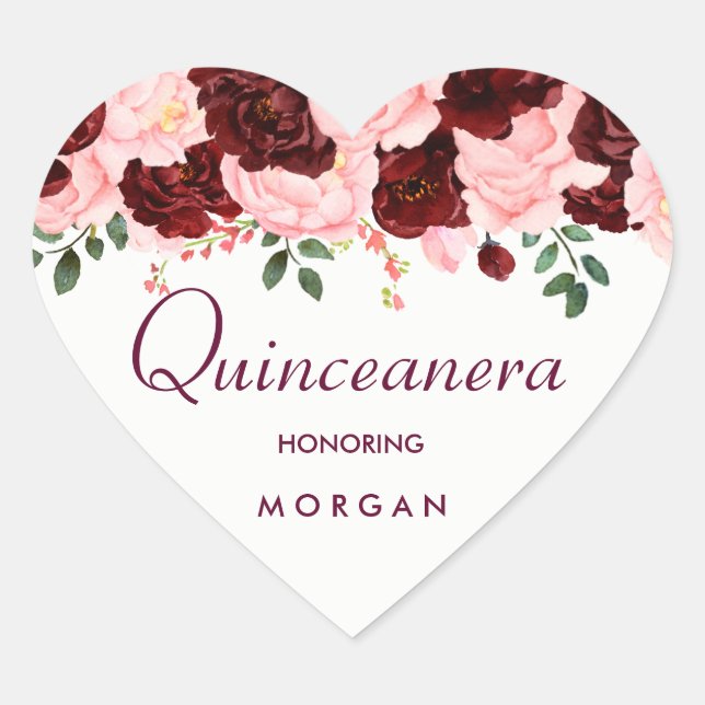 Pink Blush Burgundy Rose Quinceanera Party Heart Sticker (Front)