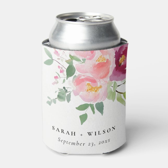 Pink Blush Burgundy Rose Watercolor Wedding Can Cooler (Can Front)