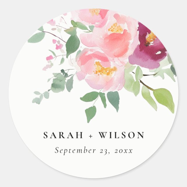 Pink Blush Burgundy Rose Watercolor Wedding Classic Round Sticker (Front)