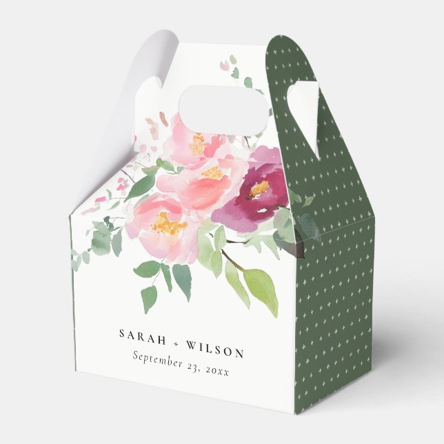 Pink Blush Burgundy Rose Watercolor Wedding Favour Box (Front Side)