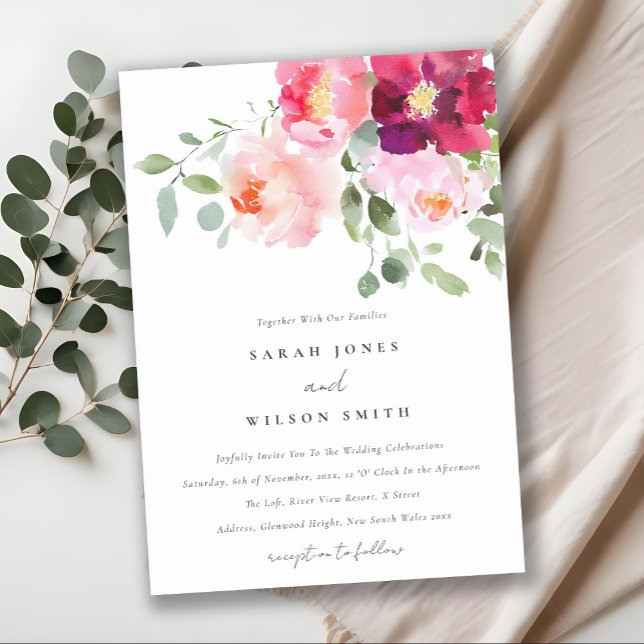 Pink Blush Burgundy Rose Watercolor Wedding Invitation (Creator Uploaded)