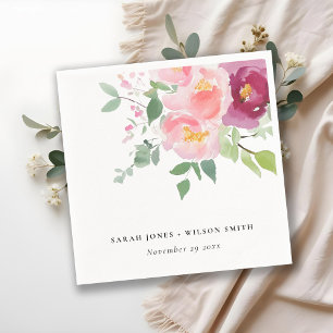 Pink Blush Burgundy Rose Watercolor Wedding Napkin