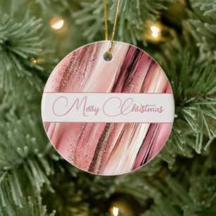 Pink Blush Burgundy Stripes Glitter Christmas Ceramic Tree Decoration