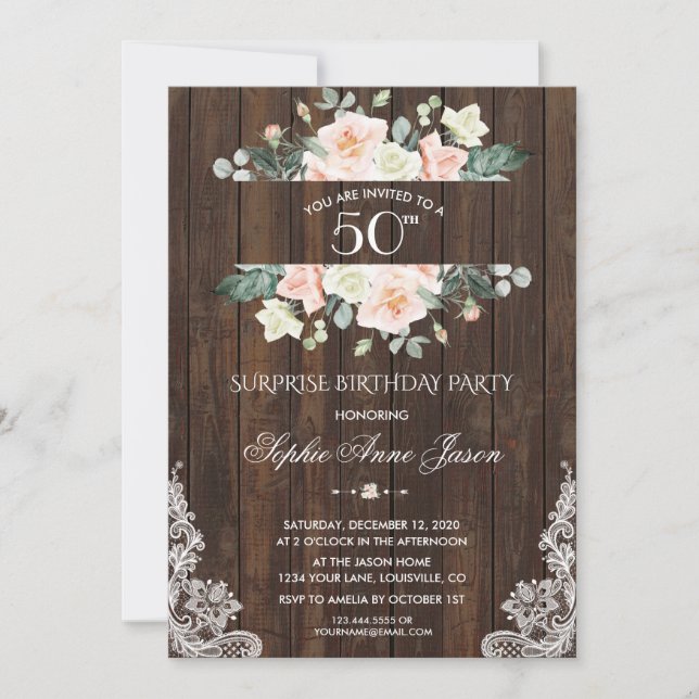 Pink Blush Cream Floral Wood Lace 50th Birthday Invitation (Front)