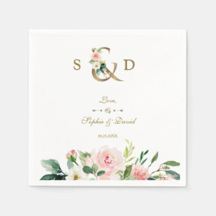 Pink Blush Cream Flowers Gold Ampersand Wedding Napkin