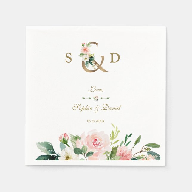 Pink Blush Cream Flowers Gold Ampersand Wedding Napkin (Front)