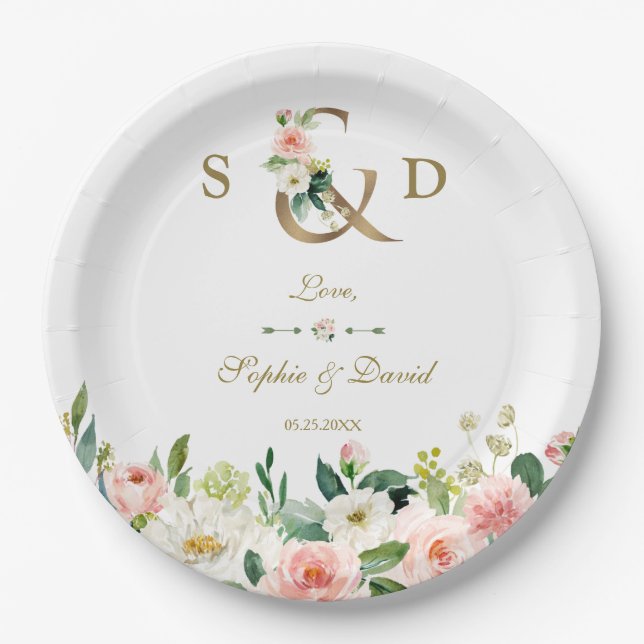 Pink Blush Cream Flowers Gold Ampersand Wedding Paper Plate (Front)