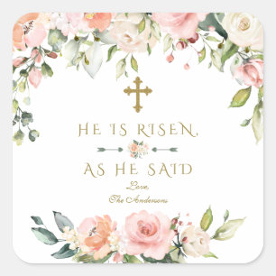 Pink Blush Cream Flowers He Is Risen Gold Easter Square Sticker