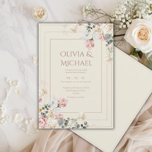 Pink Blush Cream Roses Floral Elegant Wedding Invitation
