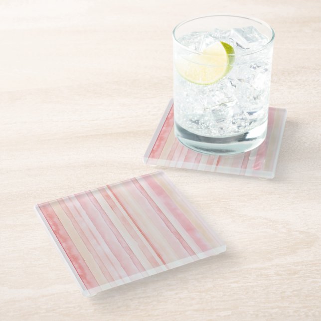 Pink Blush Cream Stripes   Glass Coaster (Angled)
