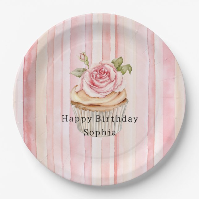 Pink Blush Cream Stripes Rose Cupcake Birthday Paper Plate (Front)