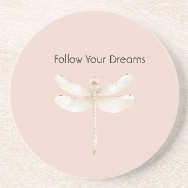 Pink Blush Cream White Dragonfly Coaster (Front)