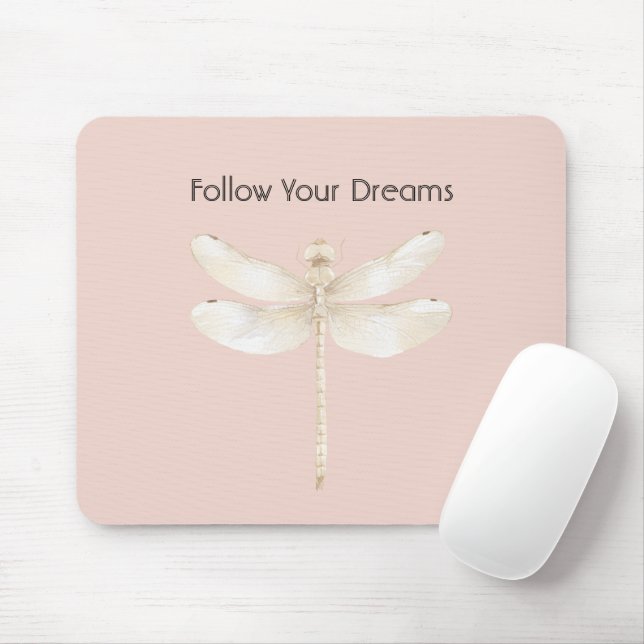 Pink Blush Cream White Dragonfly Mouse Mat (With Mouse)