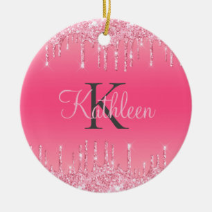 Pink Blush, Dripping Glitter, Rose Gold Monogram  Ceramic Tree Decoration