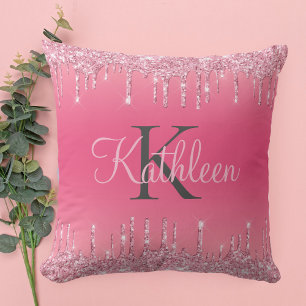 Pink Blush, Dripping Glitter, Rose Gold Monogram Cushion