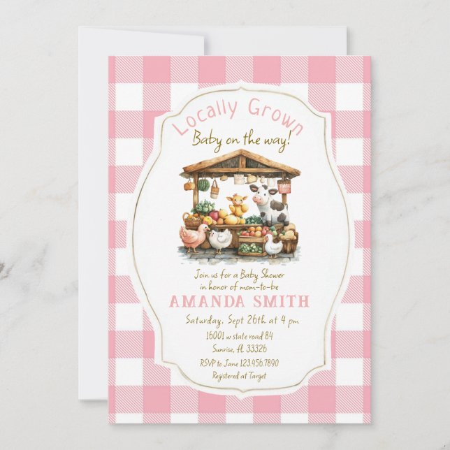 Pink Blush Farm Gingham Market Baby Shower  Invitation (Front)