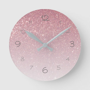Pink Blush Faux Glitter Gradient Glamourous Round Clock