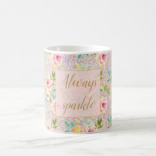 Pink Blush Faux Glitter Sparkle Floral Watercolor Coffee Mug