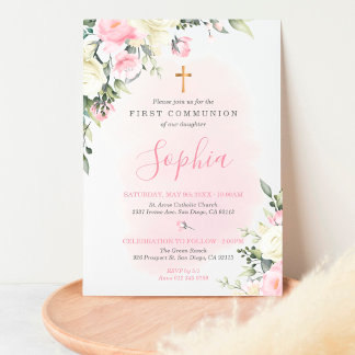 Pink blush First Communion Invitation for girl