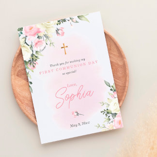 Pink blush First Communion Thank you card for girl