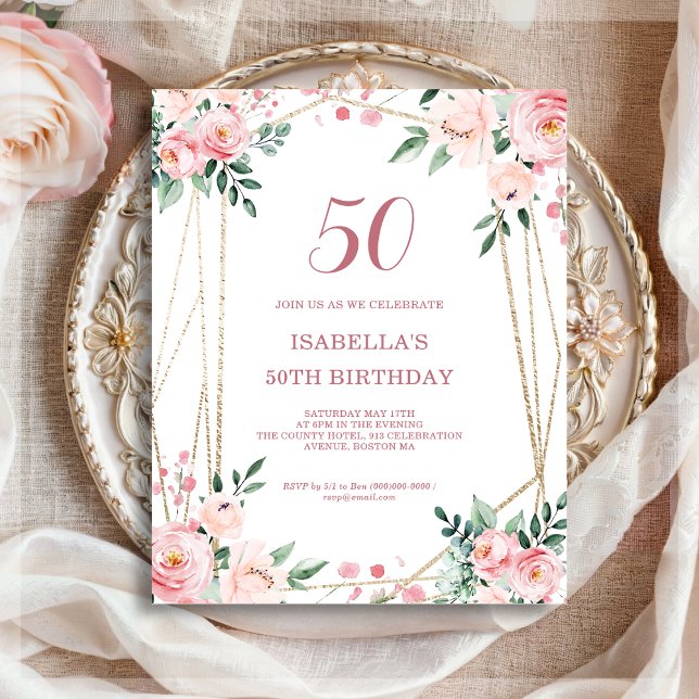 Pink Blush Floral 50th Budget Birthday Invitation (Creator Uploaded)