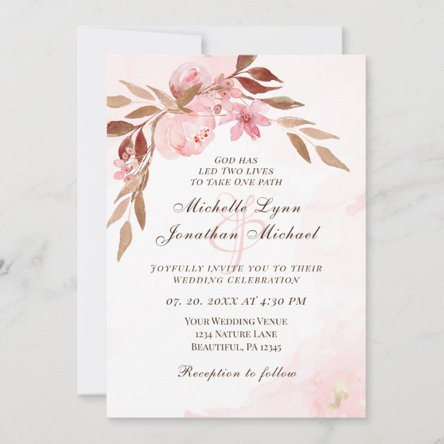 Pink Blush Floral All In One Christian Wedding Invitation (Front)
