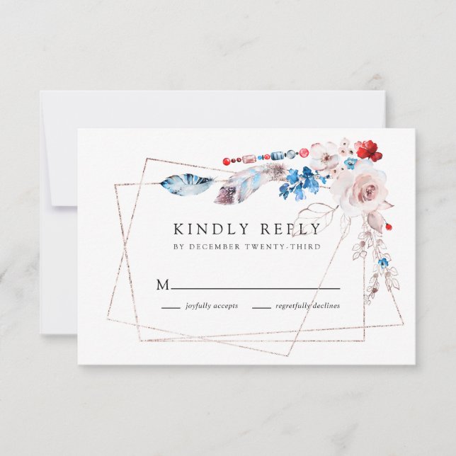 Pink Blush Floral and Boho Blue Feathers Wedding RSVP Card (Front)