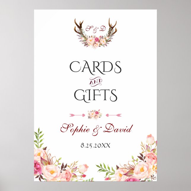 Pink Blush Floral Antlers Wedding Cards & Gifts Poster (Front)