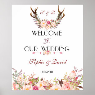 Pink Blush Floral Antlers Welcome Wedding Sign