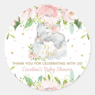 Pink Blush Floral Baby Elephant Thank You Favor Classic Round Sticker