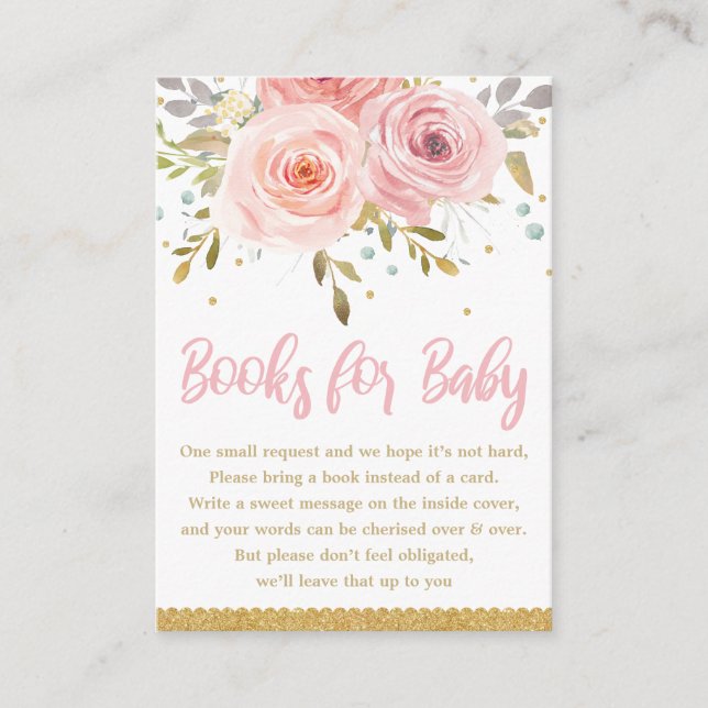 Pink Blush Floral Baby Girl Shower Bring a Book Enclosure Card (Front)