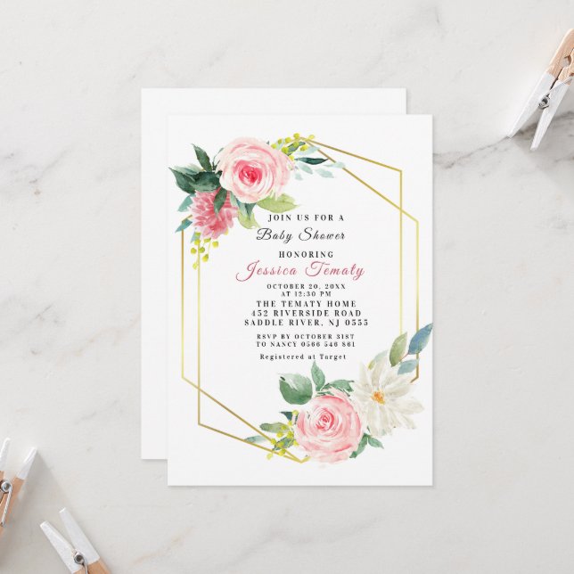 Pink Blush Floral Baby Shower Invitation Girl  (Front/Back In Situ)