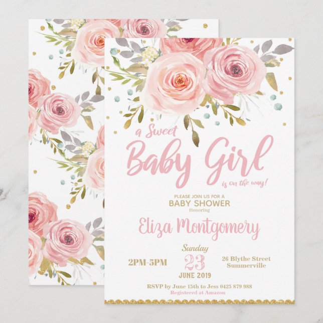 Pink Blush Floral Baby Shower Invitation Girl (Front/Back)