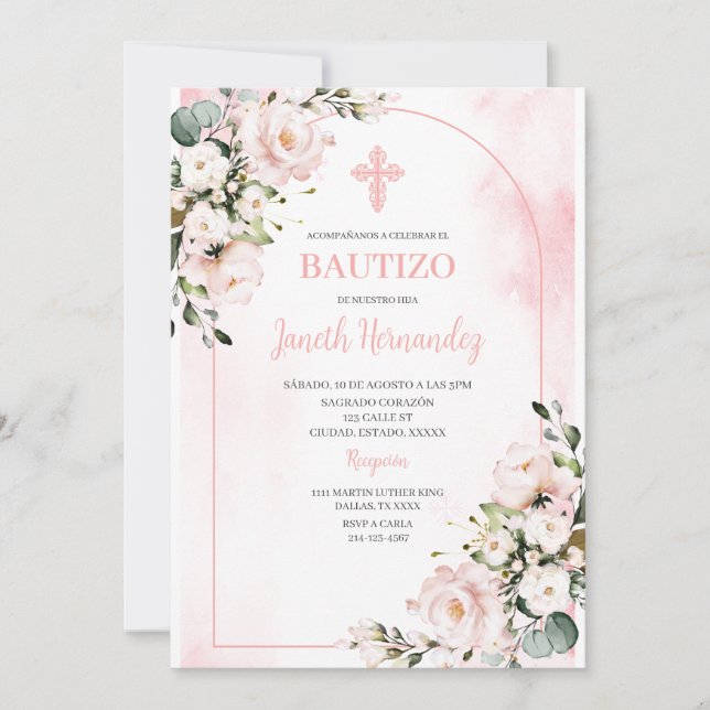Pink blush floral Bautizo Spanish Invitation (Front)