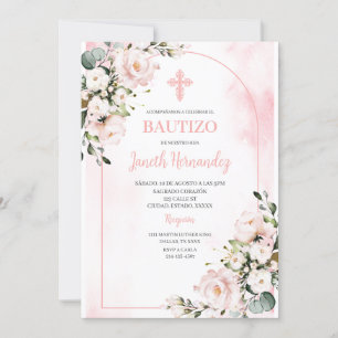 Pink blush floral Bautizo Spanish Invitation