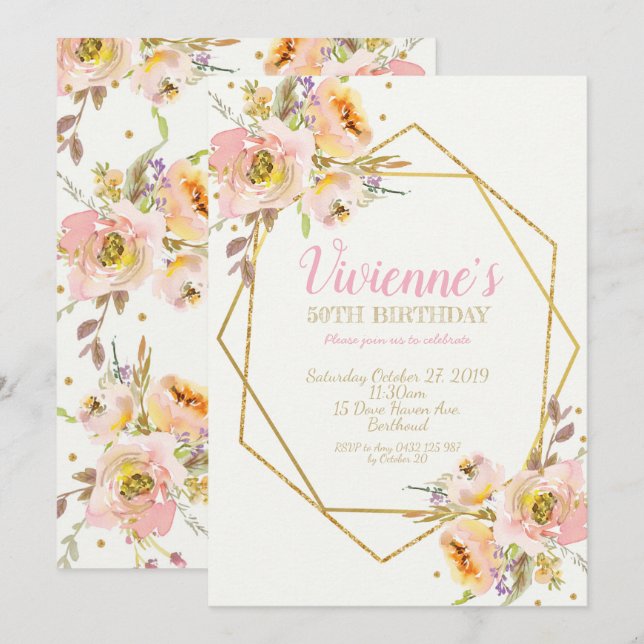 Pink Blush Floral Birthday Party Invitation 50th (Front/Back)