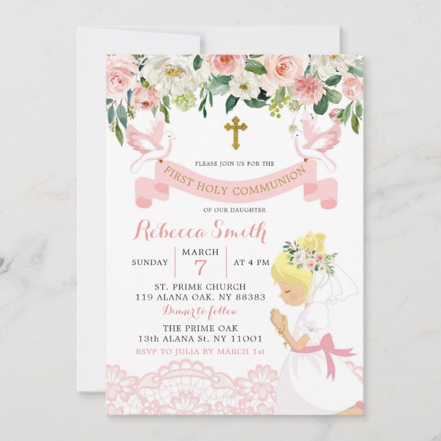 Pink Blush Floral Blonde Girl First Holy Communion Invitation (Front)