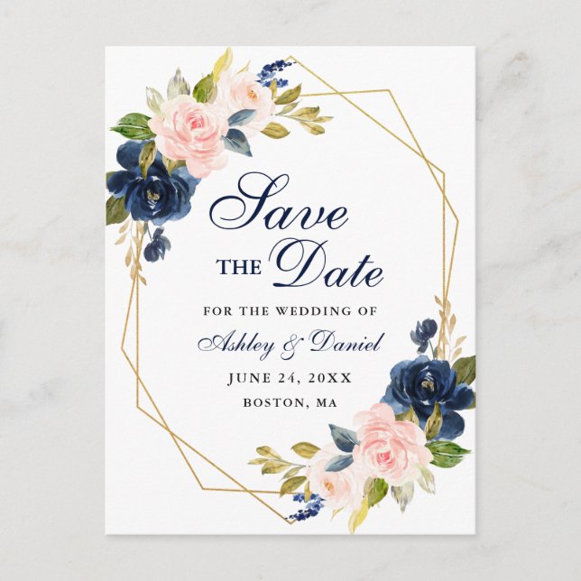 Pink Blush Floral Blue Save the Date Announcement Postcard (Front)