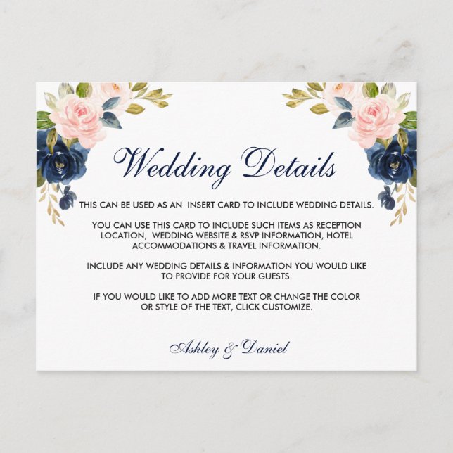 Pink Blush Floral Blue Wedding Details Card (Front)