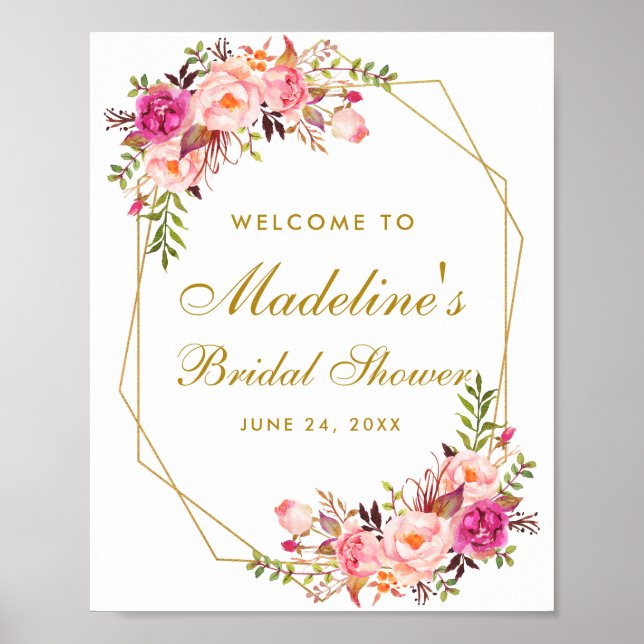 Pink Blush Floral Bridal Shower Gold Welcome Poster (Front)