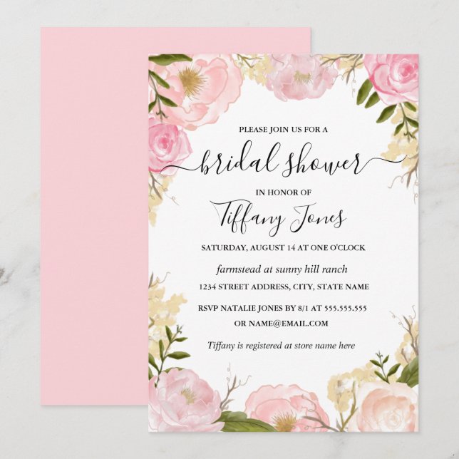Pink Blush Floral Bridal Shower Invitation (Front/Back)